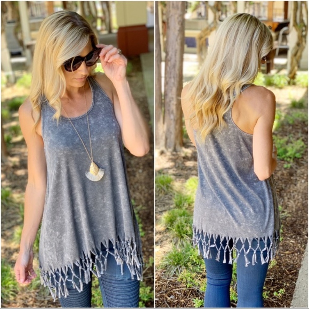 LAST ONE Charcoal Acid Wash Fringe Racer Back Tank - Picture 3 of 3